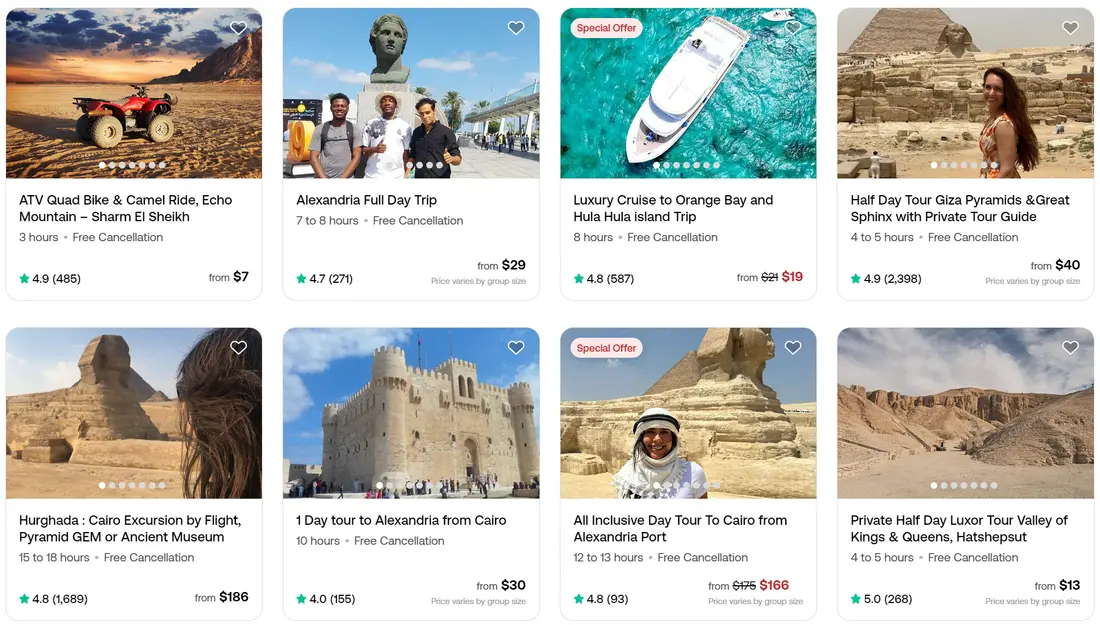 نماذج من تجارب سياحية معروضة على Viator في مصر مع التقييمات والأسعار